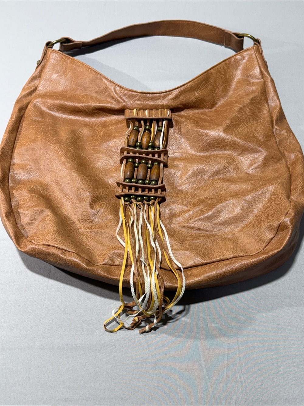 Mossimo Supply Co. Brown Leather-Textured Shoulder Bag with Bead & Fringe Detail